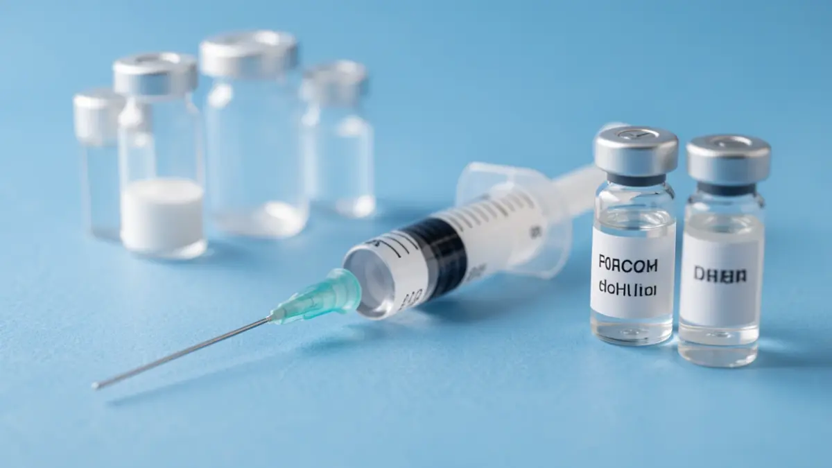 Imatge genèrica d'una xeringa i vials mèdics sobre un fons blau.