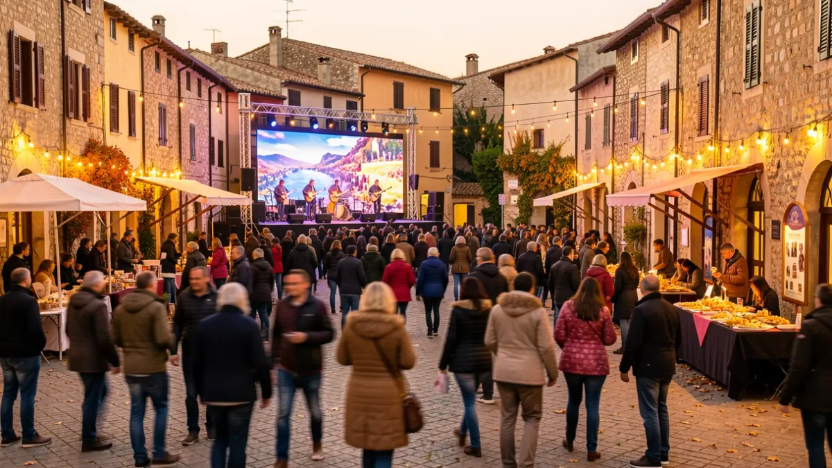 Festive atmosphere at the Sant Feliu de Llobregat Autumn Festival with giant screens and adapted zones.