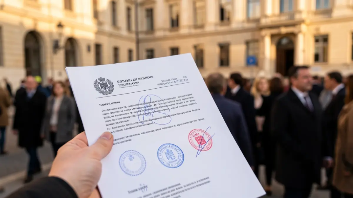 Imatge d'un document oficial amb segells i segells, amb la façana d'un edifici oficial difuminada al fons.