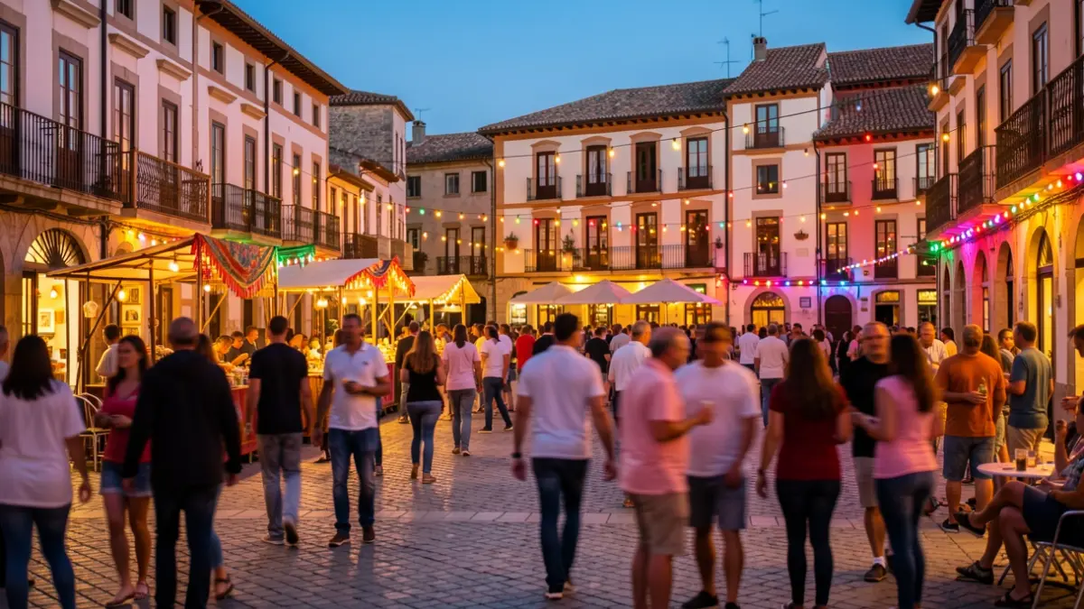 Generic image of a Mediterranean city square during a night festival, with lights and blurred people in the background.