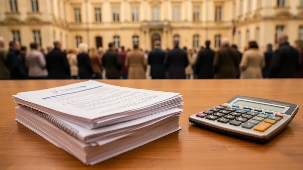 Generic image of official documents and a calculator on a wooden desk, with a blurred town hall facade in the background.
