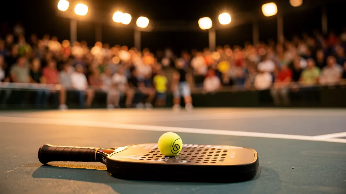 Imatge genèrica d'una pala i una pilota de pickleball sobre una pista esportiva.