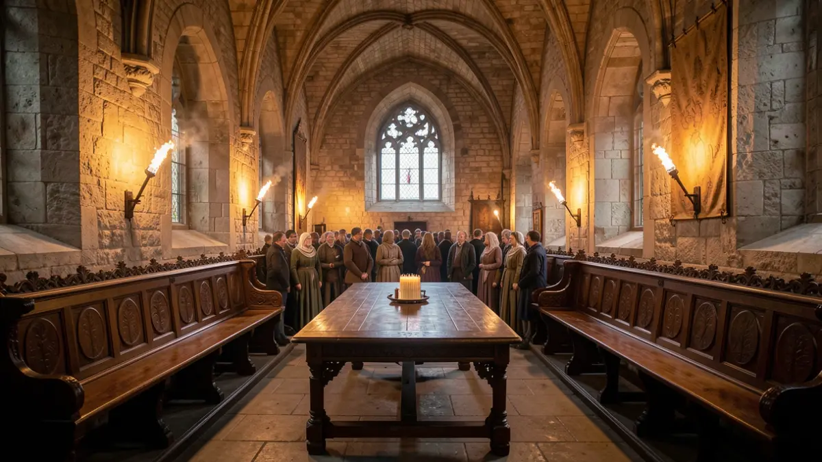 Imatge genèrica d'una sala d'assemblea medieval amb bancs de pedra i una taula central, il·luminada per torxes.