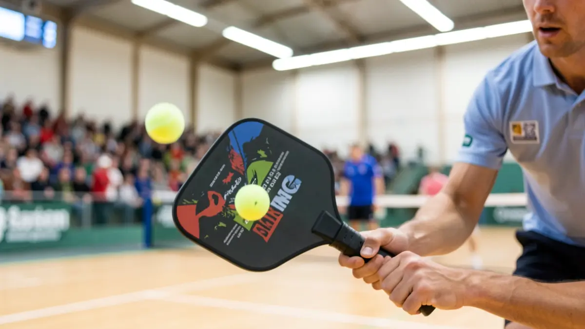 Imatge genèrica d'una pala de pickleball a punt de colpejar la pilota en un partit.