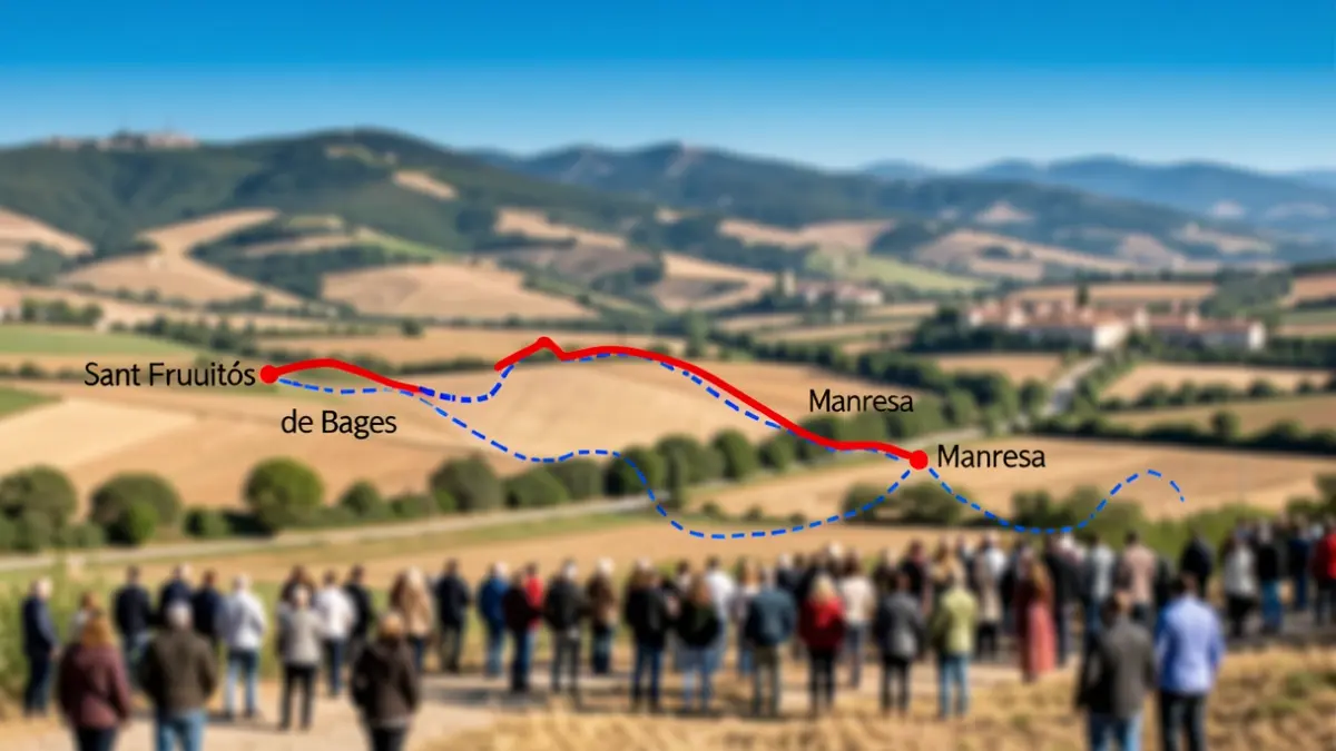 Mapa que mostra el traçat proposat per l'Eix Transversal Ferroviari al seu pas pel municipi de Sant Fruitós de Bages i la comarca del Bages.