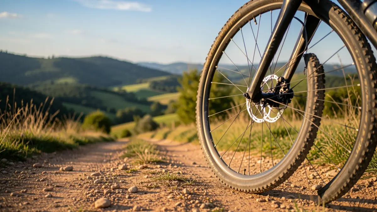 Imagen genérica de una rueda de bicicleta de gravel sobre un camino de tierra en un paisaje catalán.