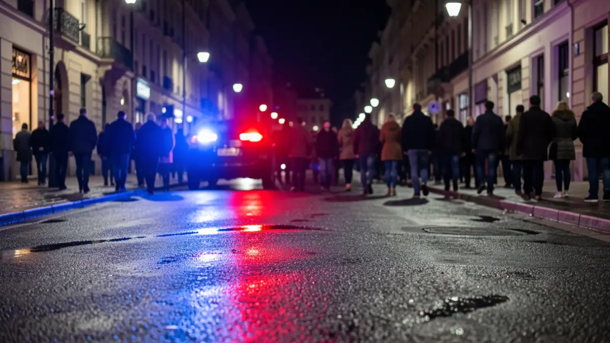 Imatge genèrica de llums d'emergència blaves i vermelles reflectint-se sobre asfalt mullat a la nit.