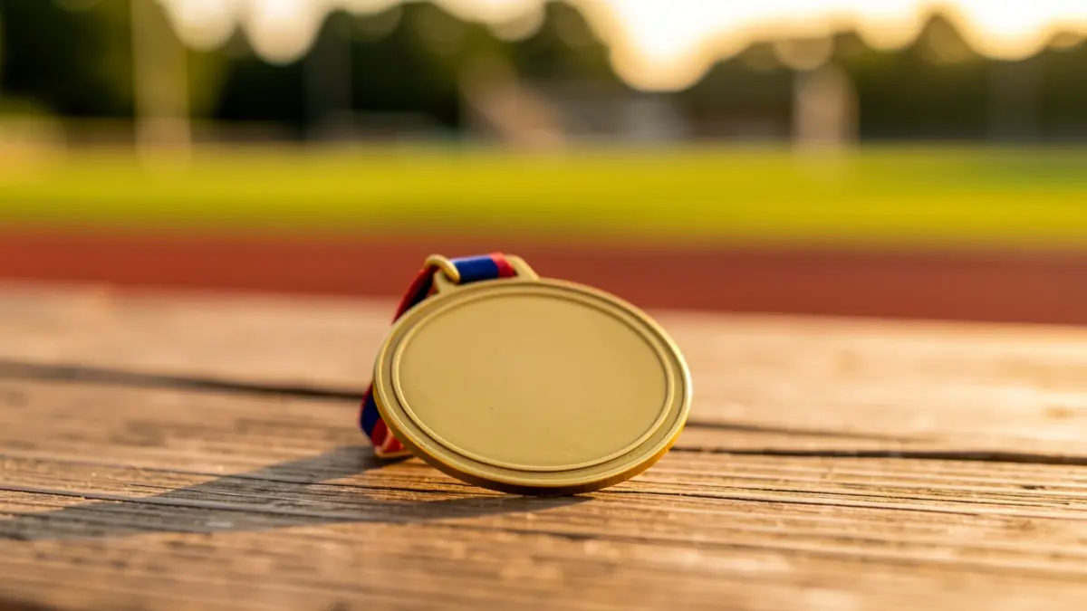 Imagen genérica de una medalla deportiva sobre madera.