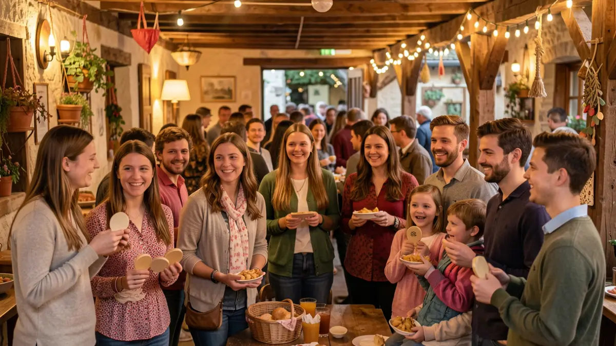 Generic image of a group of young people and families celebrating a party with chestnuts and snacks in a community space.