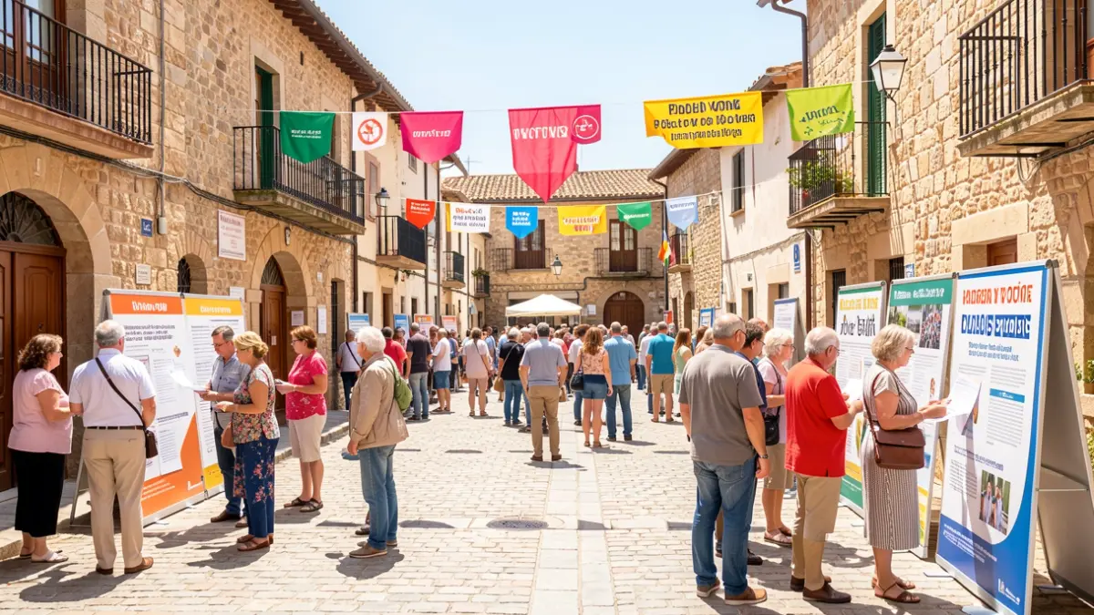 Plaça d'un poble català amb un punt d'informació per a la votació dels pressupostos participatius.