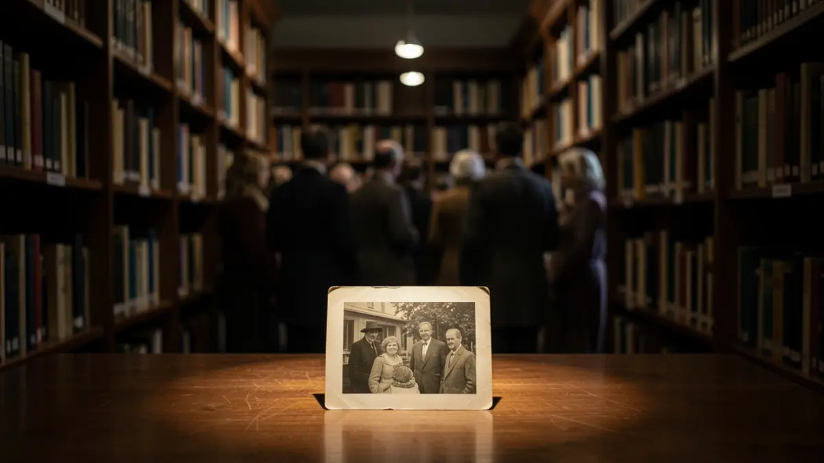 Fotografía antigua sobre una mesa en una biblioteca.