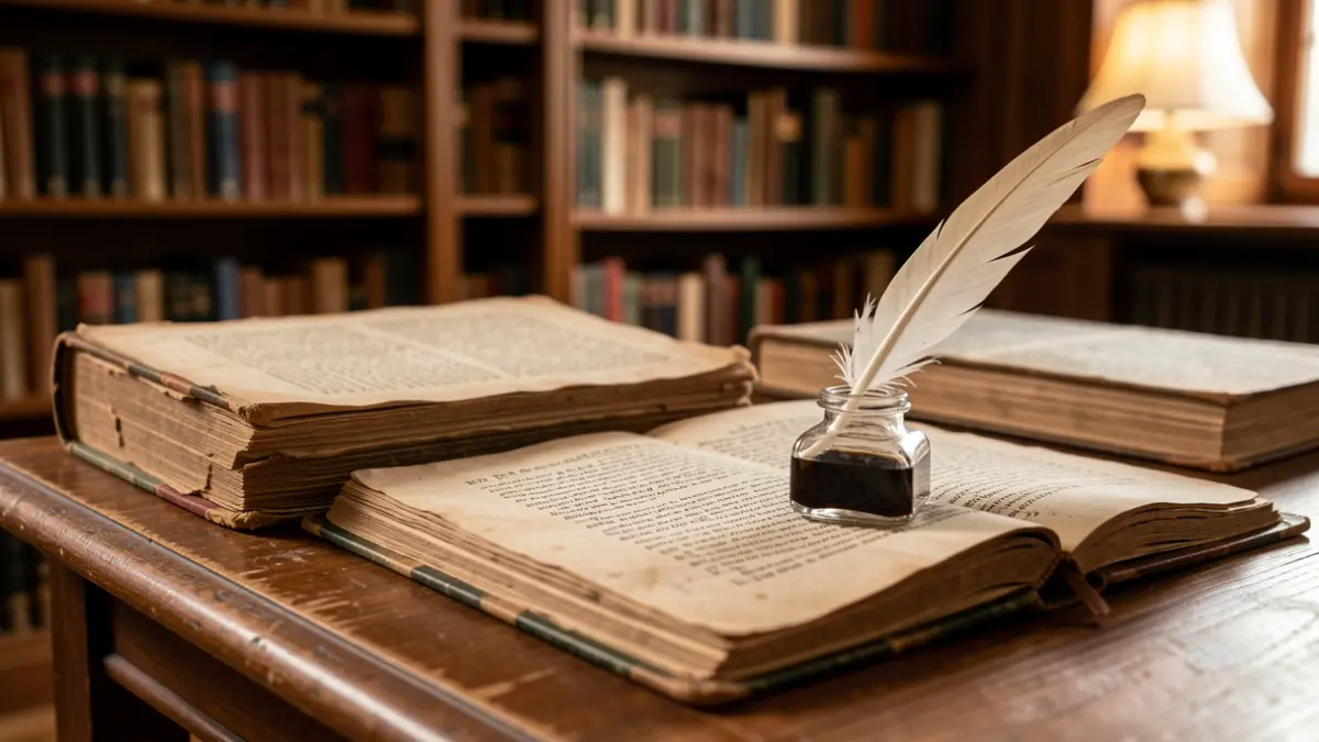 Imatge genèrica de llibres antics i manuscrits sobre una taula de fusta amb ploma i tinter.