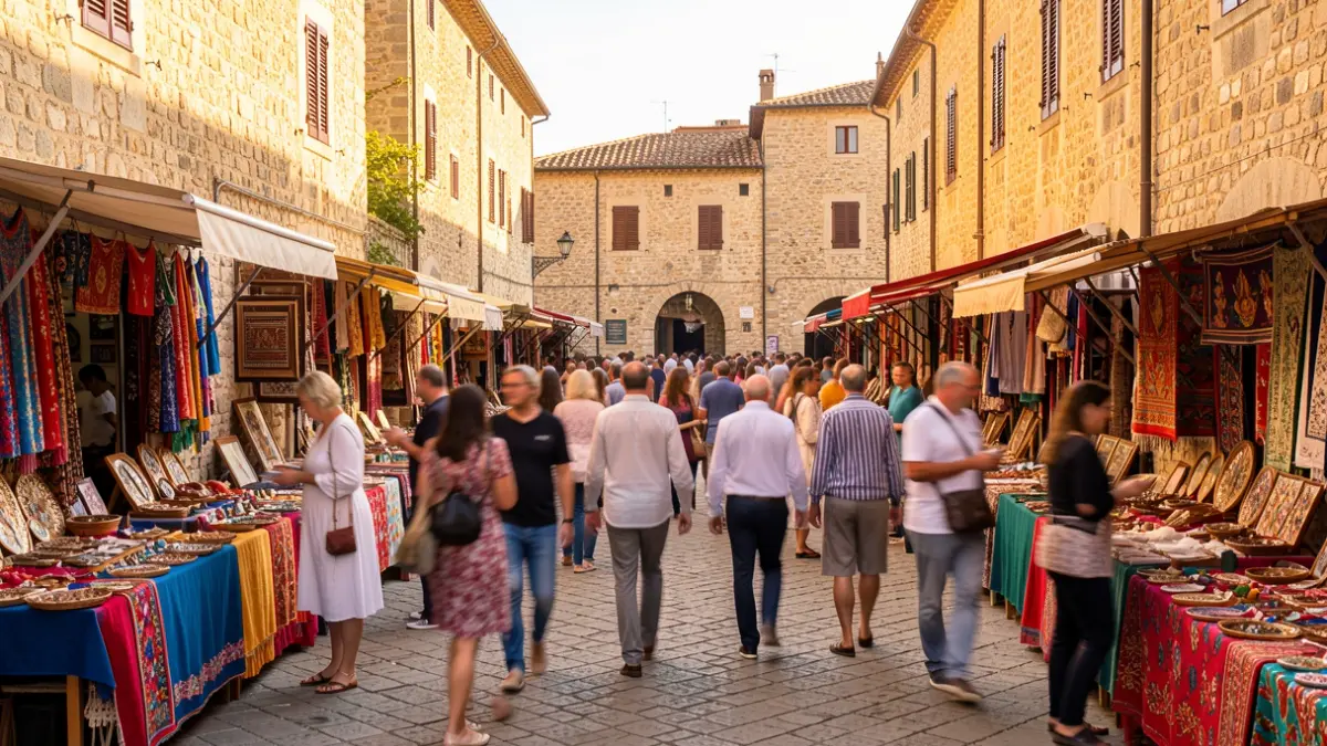 Festive atmosphere at the VI Women Artisans Fair in Sant Hipòlit de Voltregà, featuring craft stalls and activities.