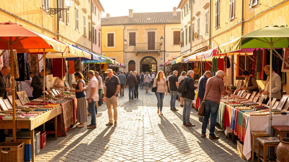 Imagen genérica de una calle con puestos de artesanía y gente paseando.