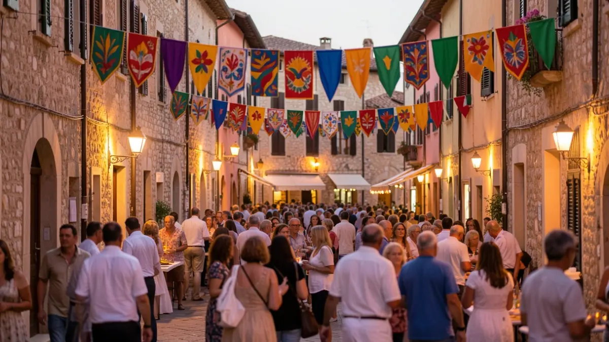 Imatge genèrica d'una festa de barri mediterrani amb pancartes i gent al fons.