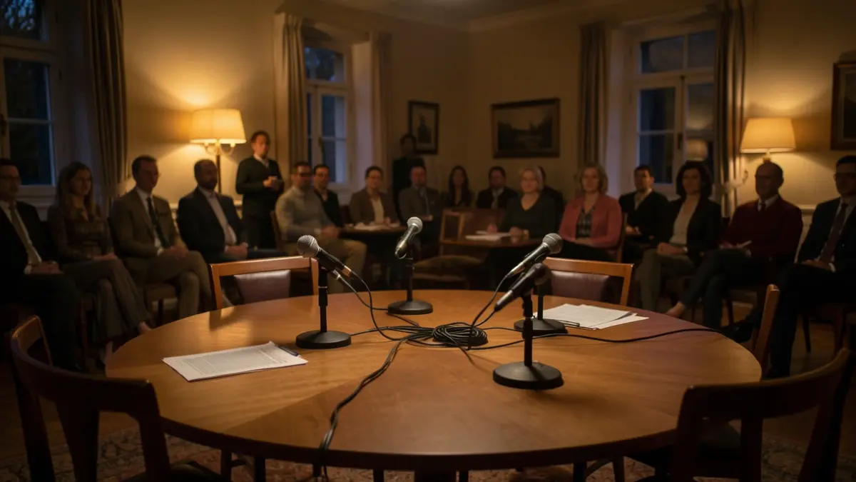Generic image of a meeting room with a round table and microphones.