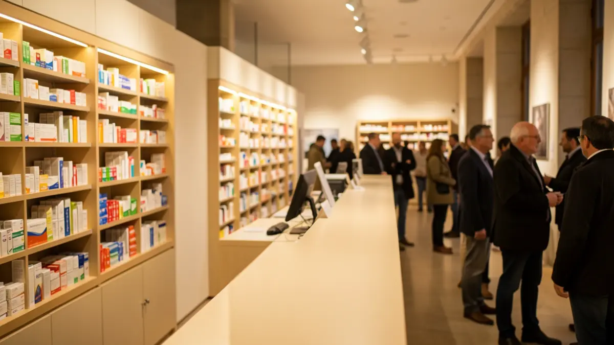 Generic image of a pharmacy counter with shelves in the background, in a municipal setting.