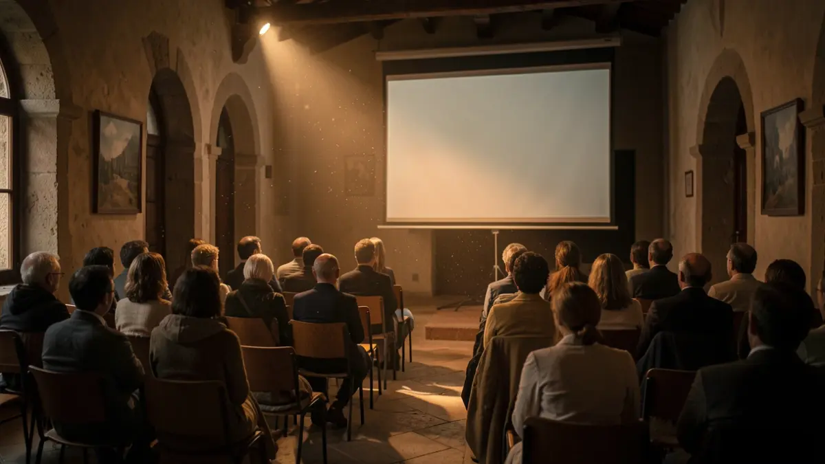 Imatge genèrica d'una sala de projeccions amb cadires buides il·luminades per la llum de la pantalla.