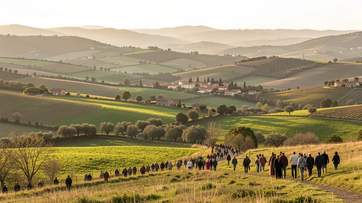 Generic image of a Catalan rural landscape with gentle hills and a village in the distance.