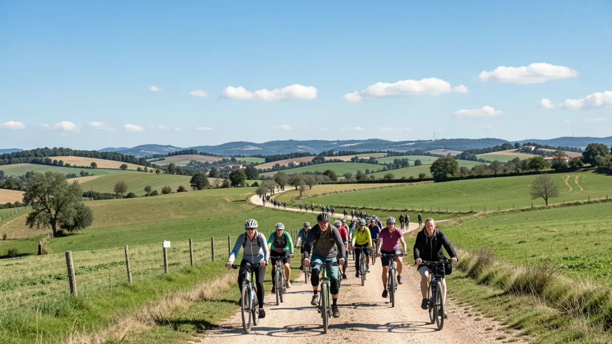 Imatge genèrica de ciclistes i caminants en un entorn rural català.
