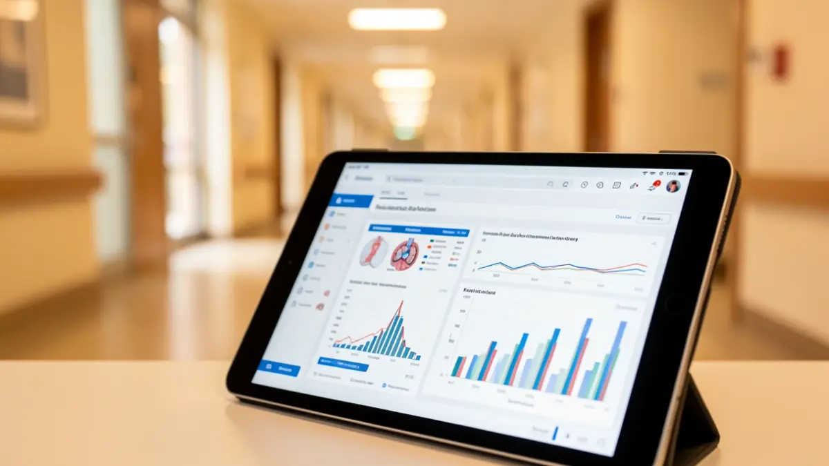 Pantalla de tableta digital con datos médicos y un pasillo de hospital difuminado al fondo.