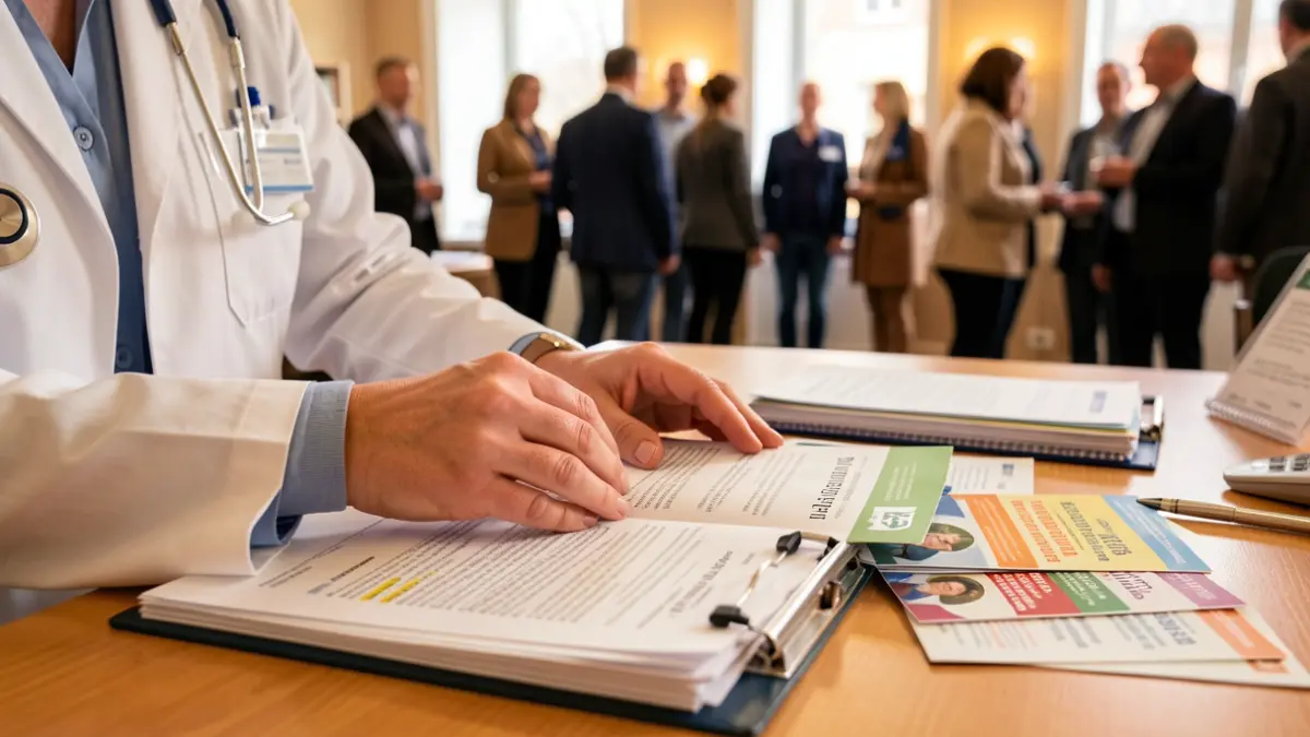 Hands of a healthcare social worker organizing documents.