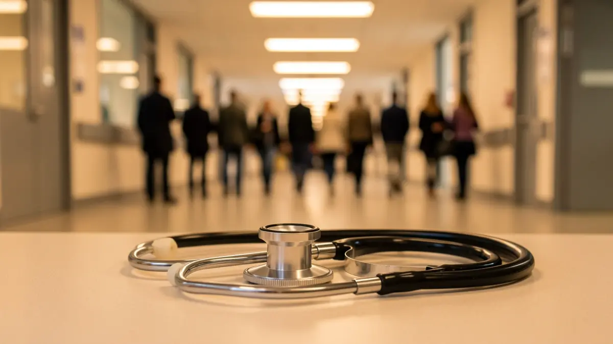 Generic image of a stethoscope on a blurred hospital background.