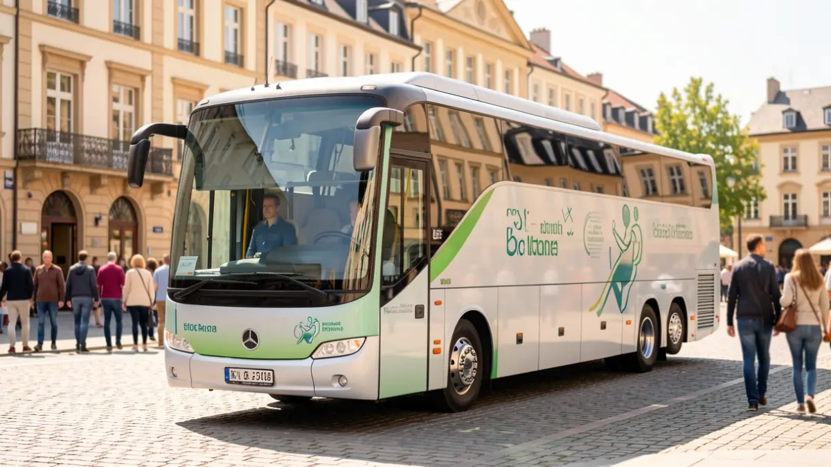 Imatge genèrica d'un autobús sanitari mòbil en una plaça pública.