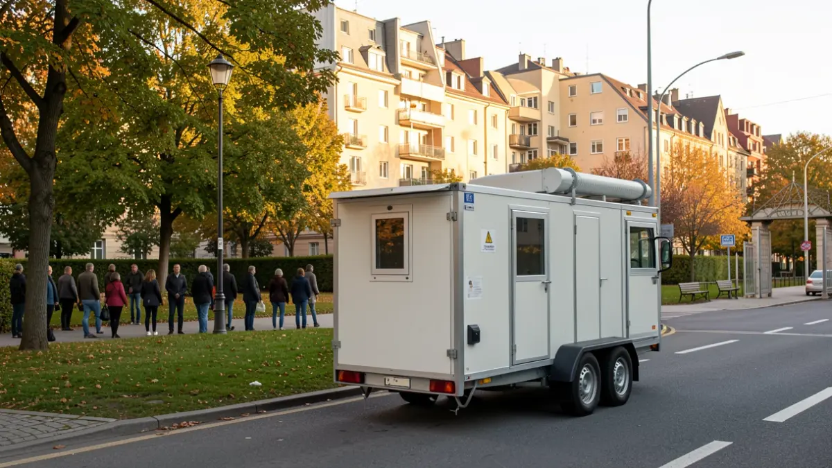 Imatge genèrica d'una unitat mòbil d'estudi de la qualitat de l'aire estacionada en un carrer residencial proper a un parc.