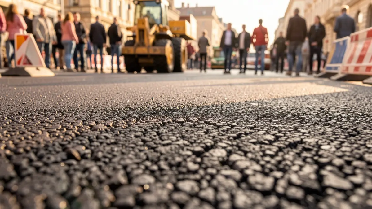 Imatge genèrica d'asfalt nou sent col·locat en un carrer, amb elements de construcció difuminats al fons.