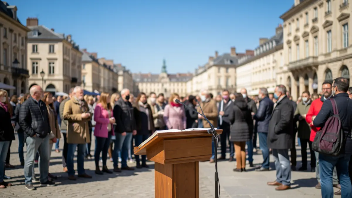 Generic image of a public square with a lectern and blurred figures in the background.