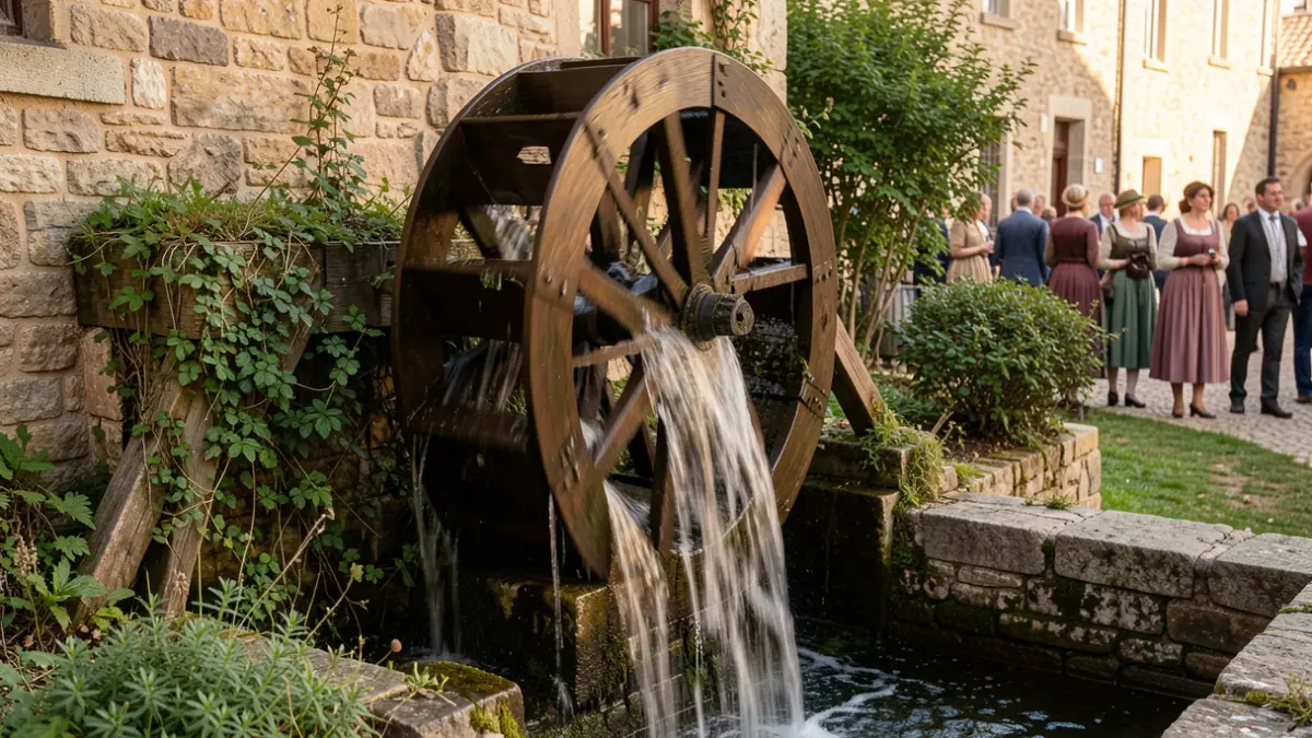 Imagen genérica de un salto de agua histórico con un mecanismo de rueda y arquitectura de piedra.