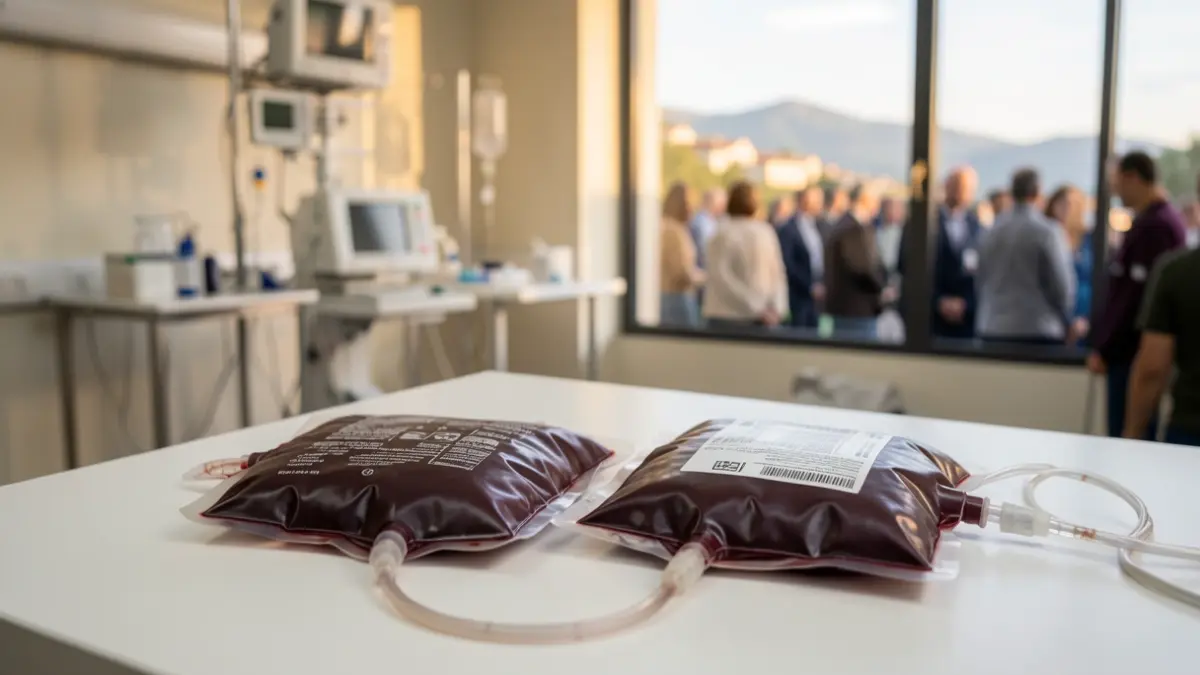 Generic image of blood and plasma bags on a white surface, with a blurred medical background and a hint of a Catalan landscape.