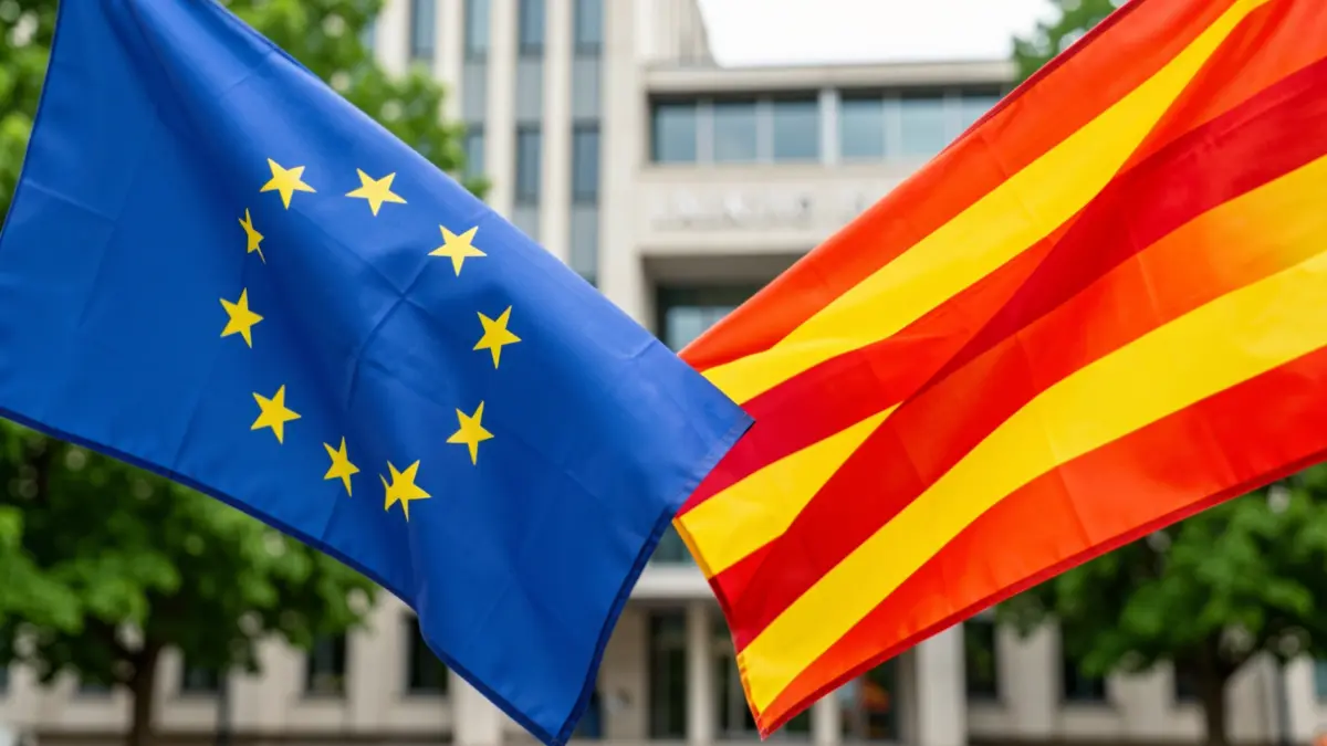 Imagen genérica de banderas europea y catalana entrelazadas frente a un edificio institucional.