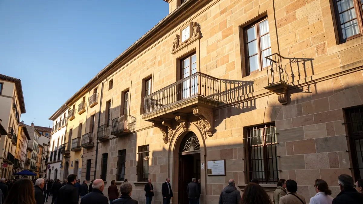 Fachada de piedra de un ayuntamiento catalán con balcón y barandilla de hierro, luz cálida de tarde.