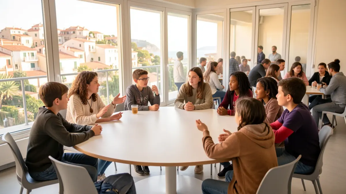 Imatge genèrica de nens i adolescents reunits al voltant d'una taula en una sala lluminosa.
