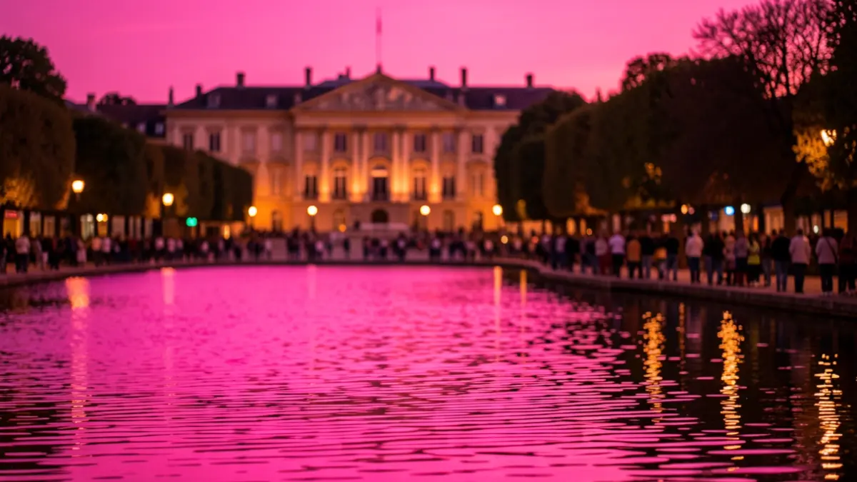 Generic image of a lake illuminated in pink at dusk in a park.