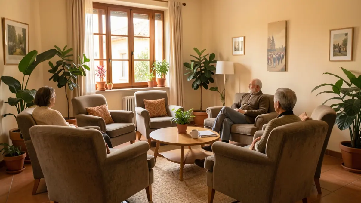 Imagen genérica de una sala comunitaria acogedora en Cataluña, con sillas dispuestas en círculo y luz natural.