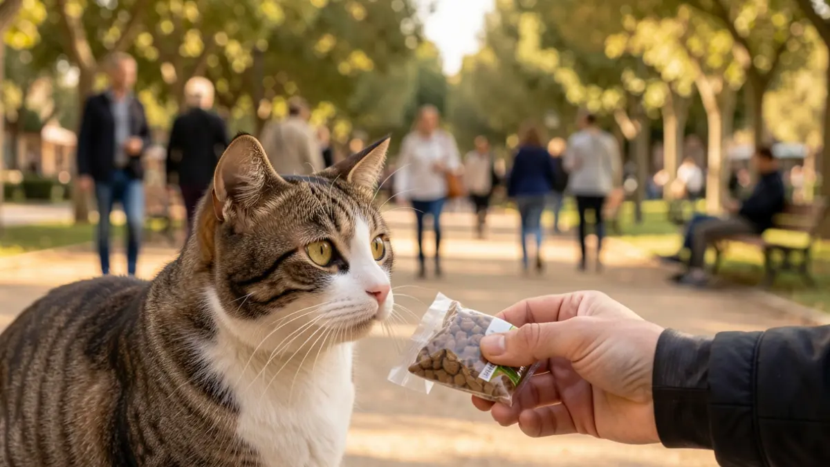 Generic image of a cat looking at a bag of food in a park.