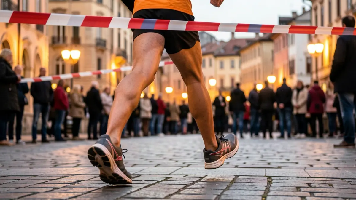 Generic image of feet crossing a finish line tape, with a blurred urban environment and night lights.