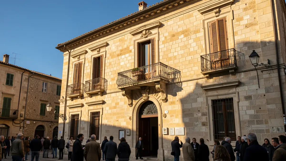 Imagen genérica de la fachada de un edificio municipal de piedra con balcón y cielo azul.
