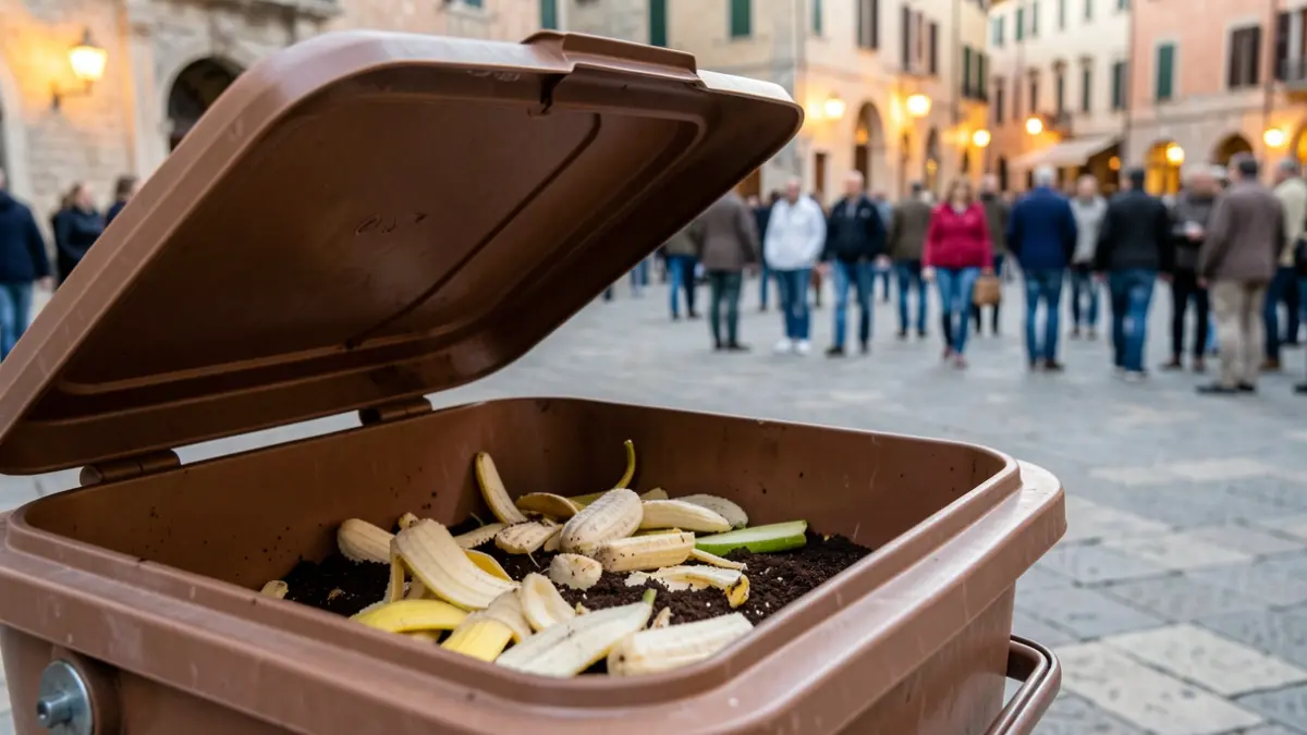 Contenidor marró amb restes orgàniques i fons d'una plaça de poble.