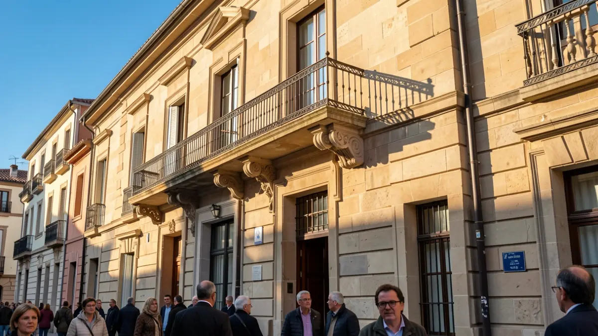 Fachada del Ayuntamiento de Santa Bàrbara con balcón y barandilla de hierro, luz cálida de tarde y cielo azul.