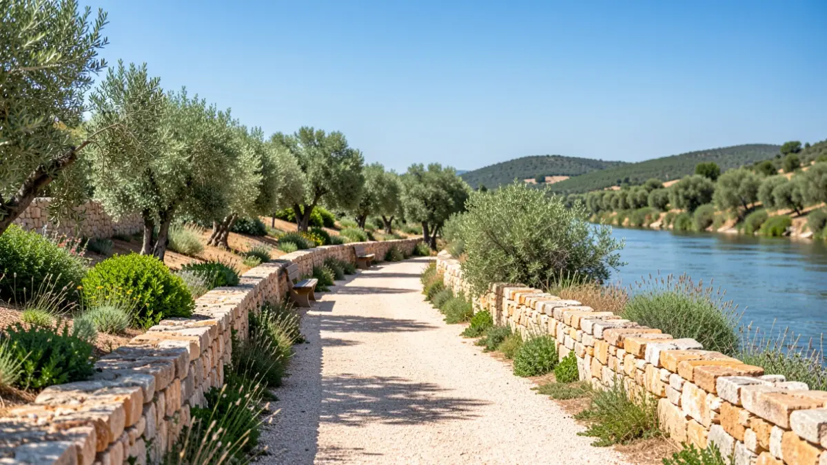 Camí recuperat al costat d'una riera amb murs de pedra seca i vegetació autòctona.