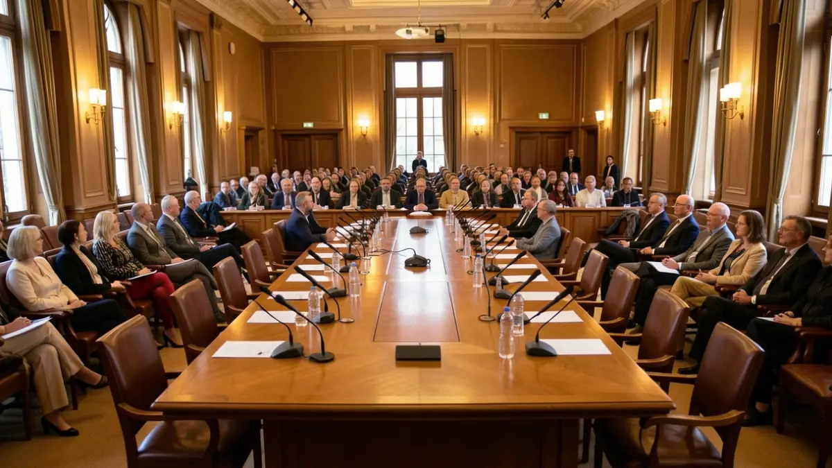Imatge genèrica d'una sala de plens municipal buida amb una taula llarga i cadires.
