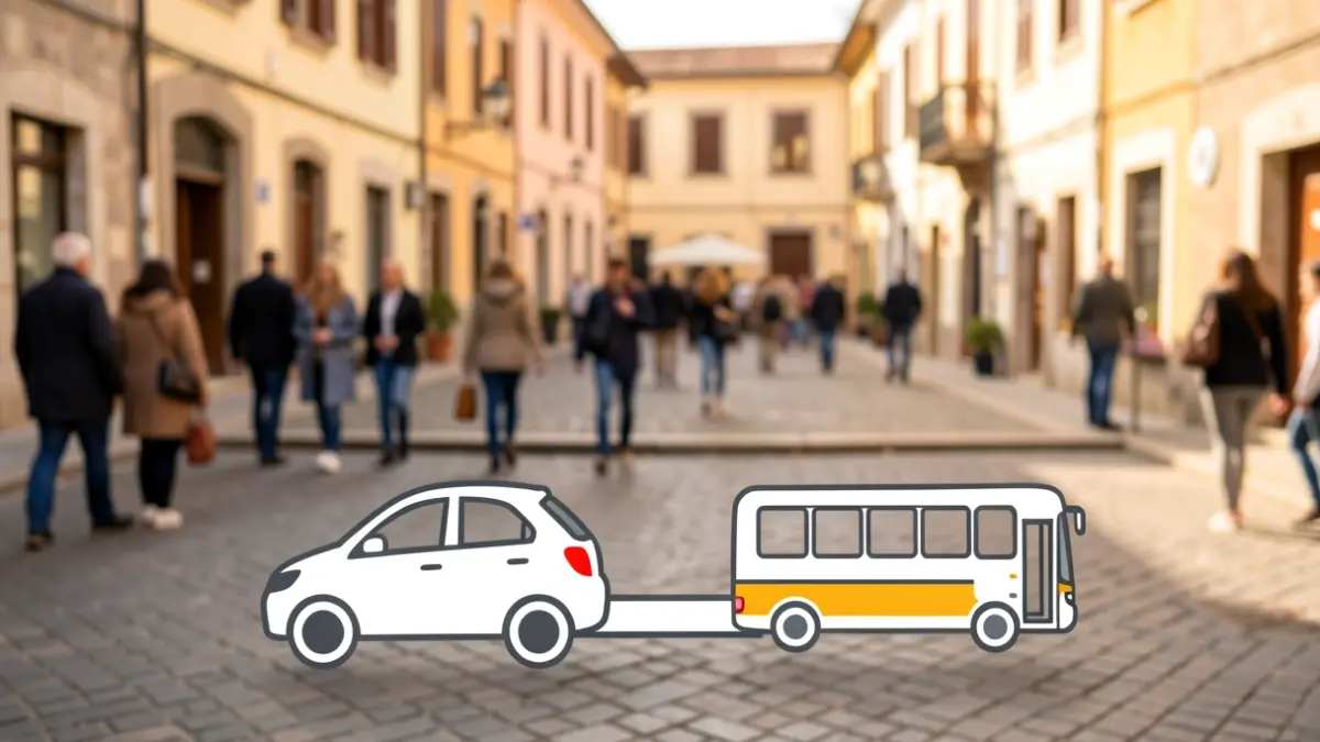 Imatge genèrica de mobilitat col·lectiva en un municipi català, amb símbols de transport compartit.