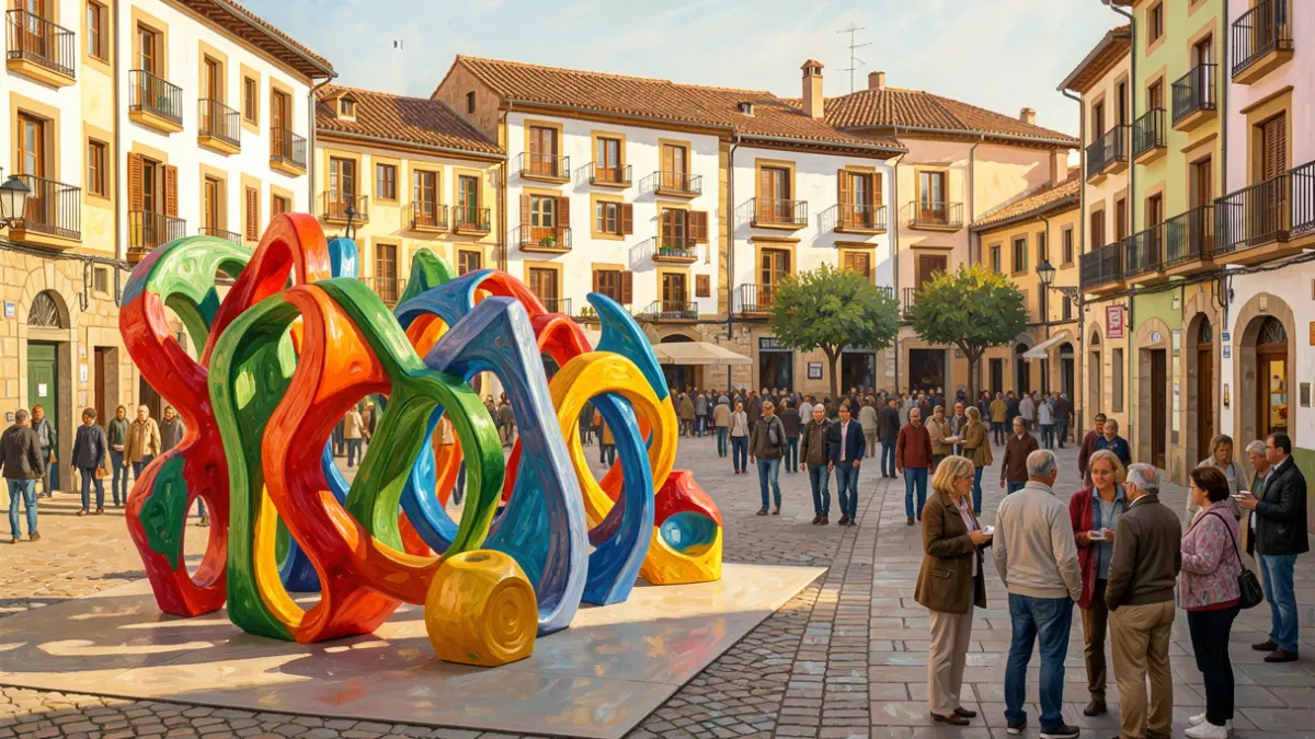Generic image of a town square in Catalunya with abstract artistic elements and people around.