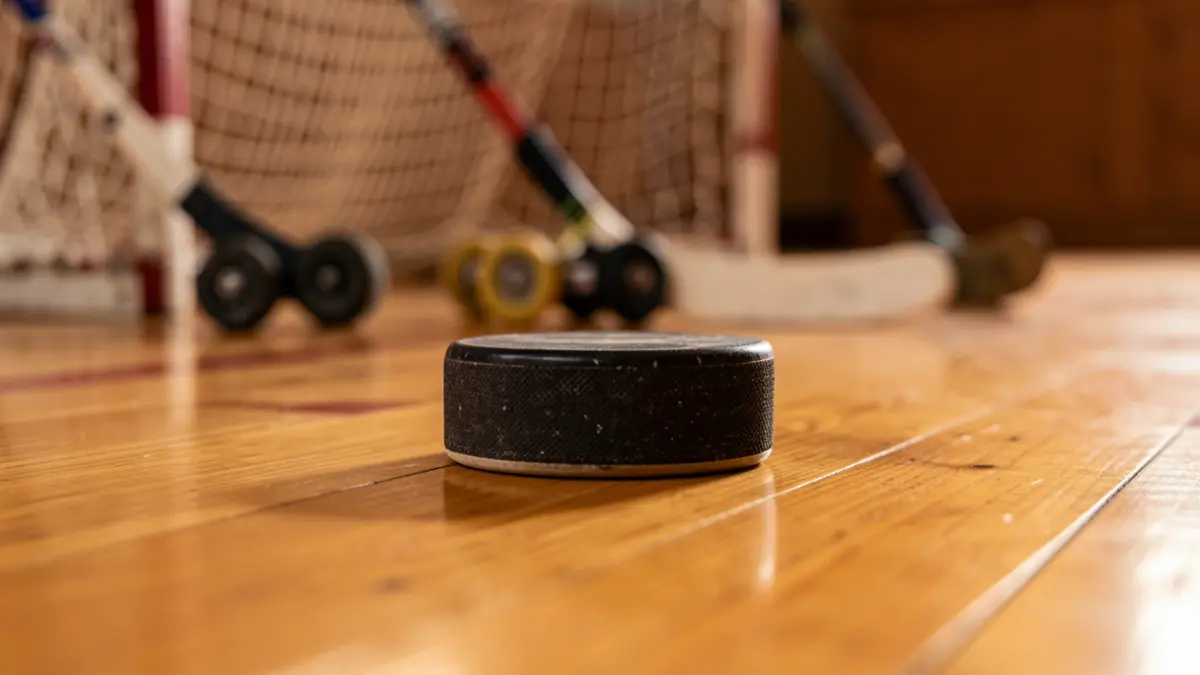 Close-up of a roller hockey puck on a wooden court, with blurred sticks and goal net in the background.