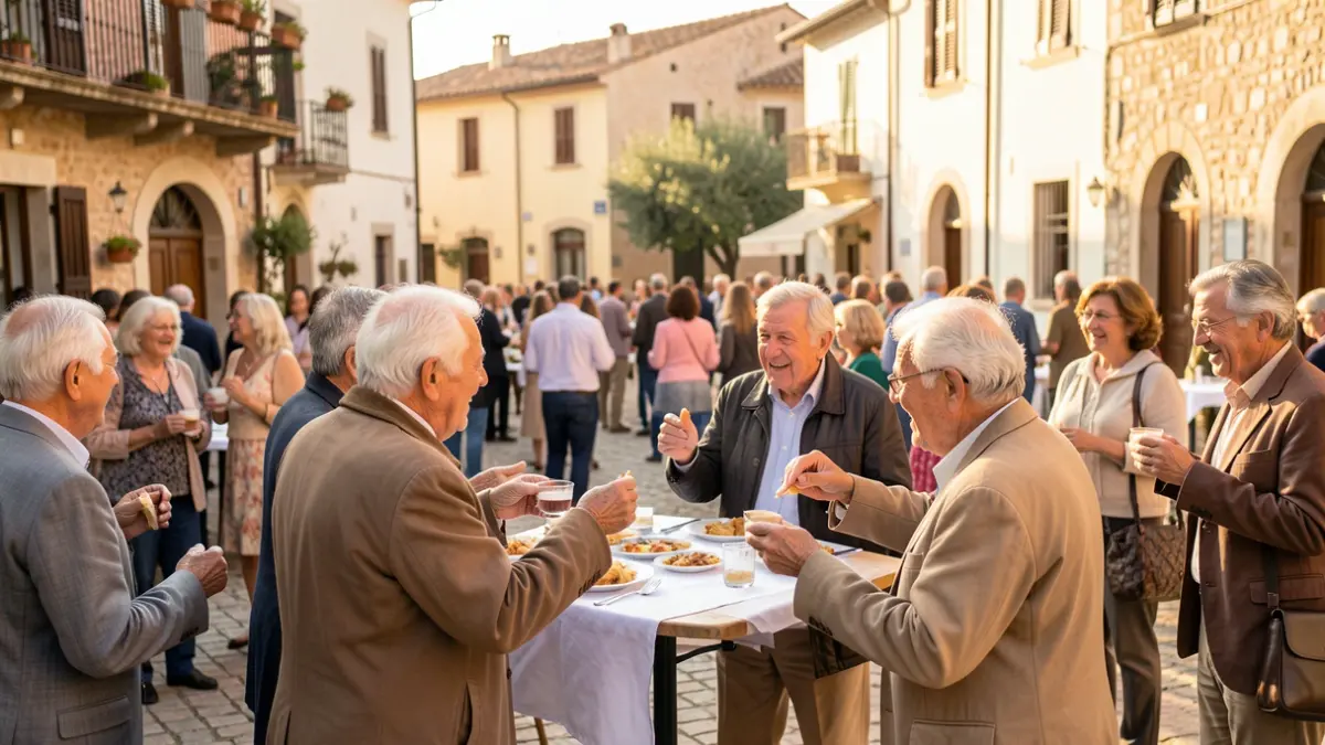 Elderly people enjoying a snack and dancing in the square of Santa Perpètua de Mogoda.