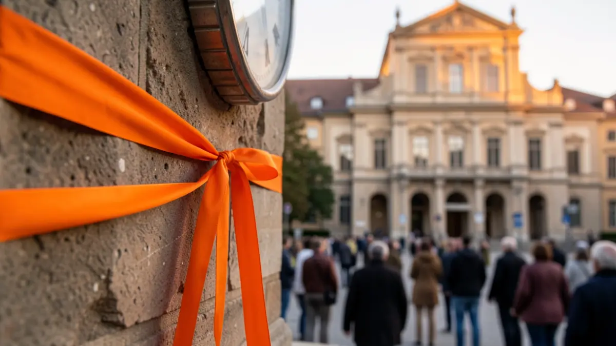Imagen genérica de un reloj municipal iluminado de color naranja.